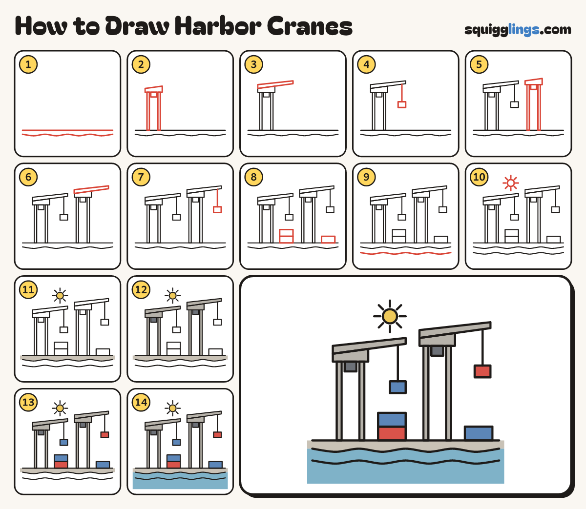How to Draw Harbor Cranes step by step: all 14 steps in one picture