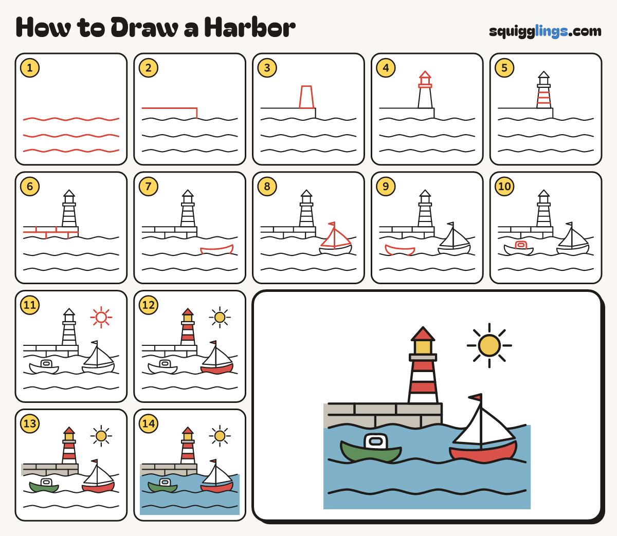 How to Draw a Harbor step by step: all 14 steps in one picture