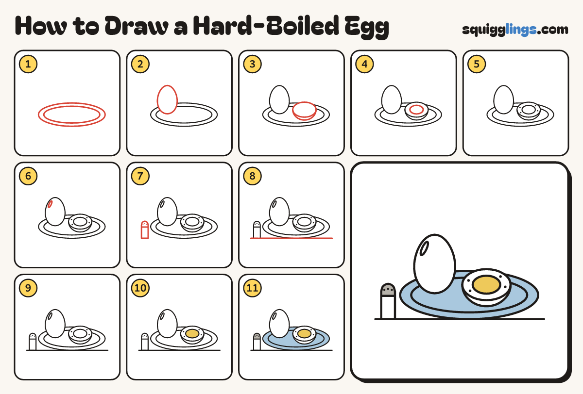 How to Draw a Hard-Boiled Egg step by step: all 11 steps in one picture
