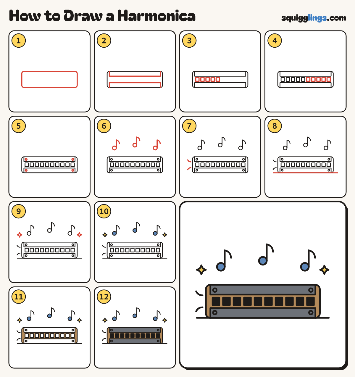 How to Draw a Harmonica step by step: all 12 steps in one picture