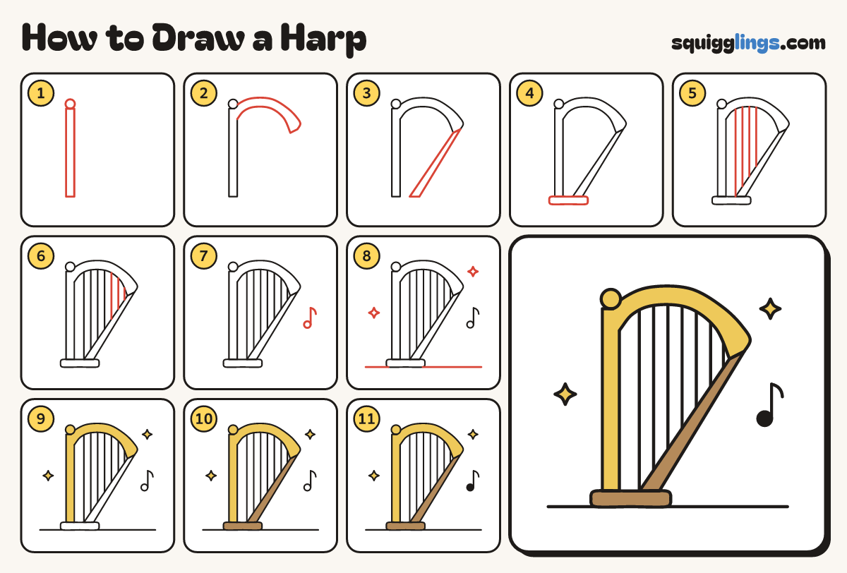 How to Draw a Harp step by step: all 11 steps in one picture