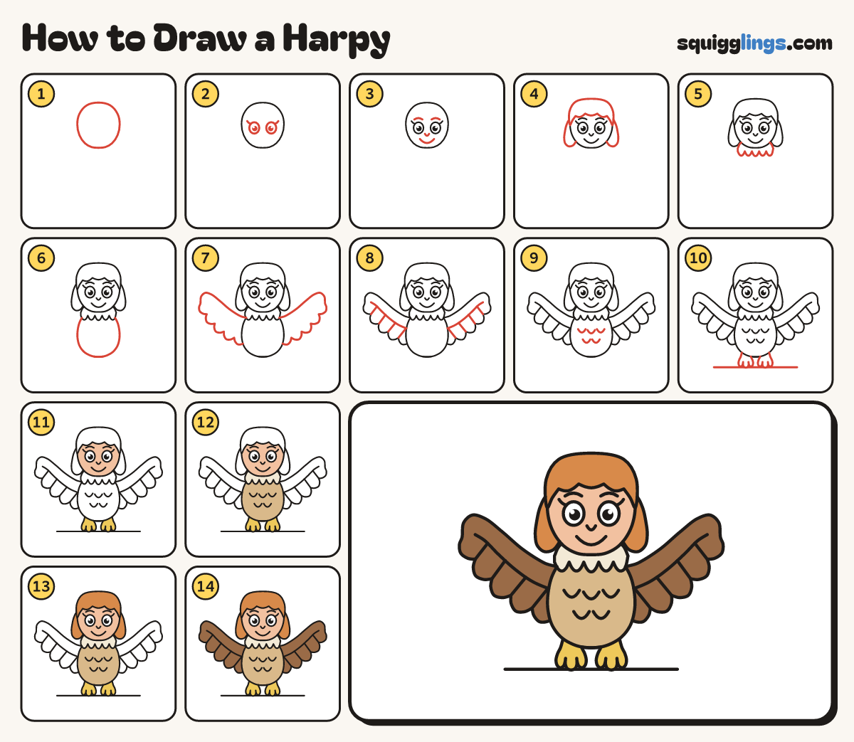 How to Draw a Harpy step by step: all 14 steps in one picture