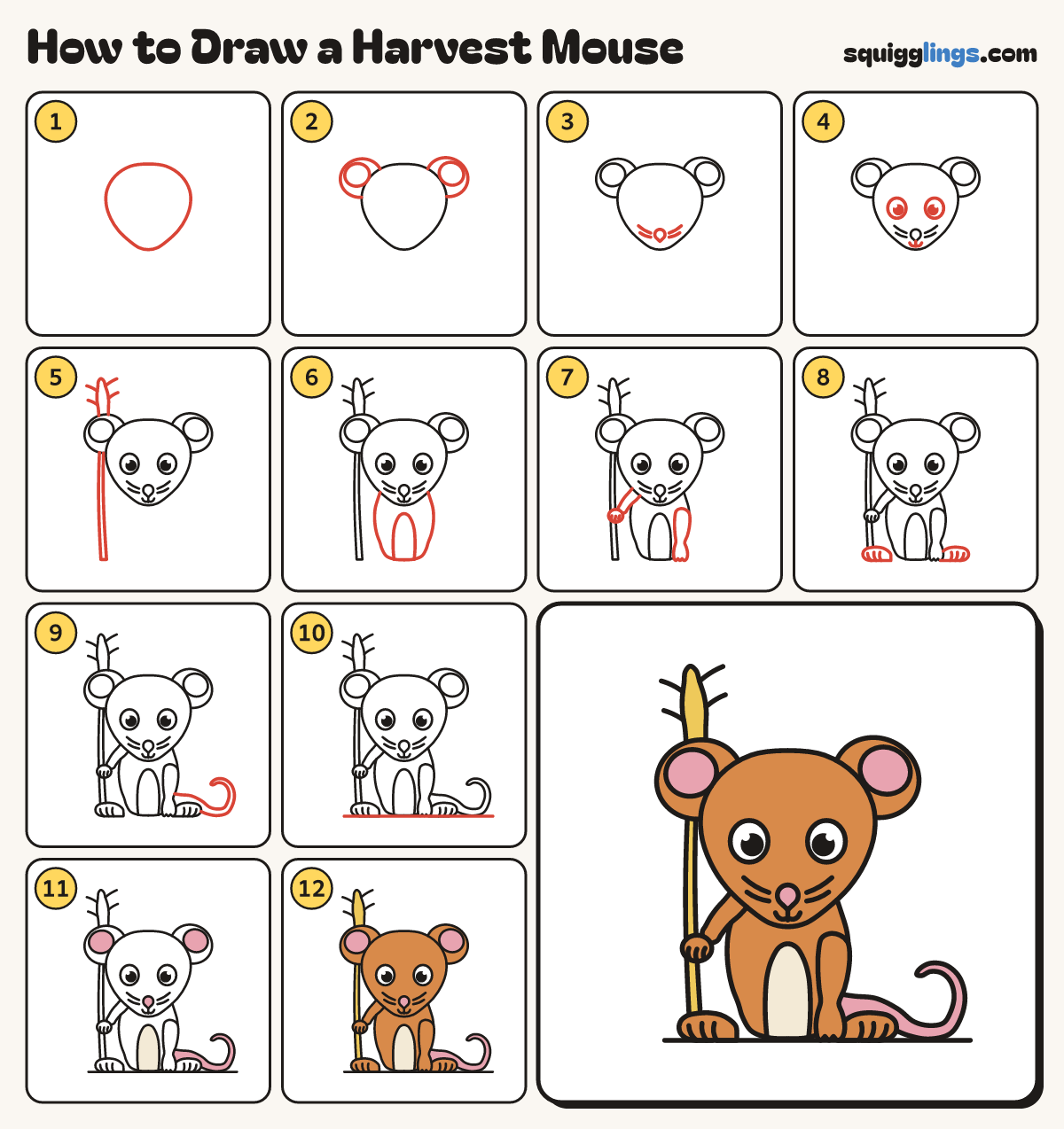 How to Draw a Harvest Mouse step by step: all 12 steps in one picture