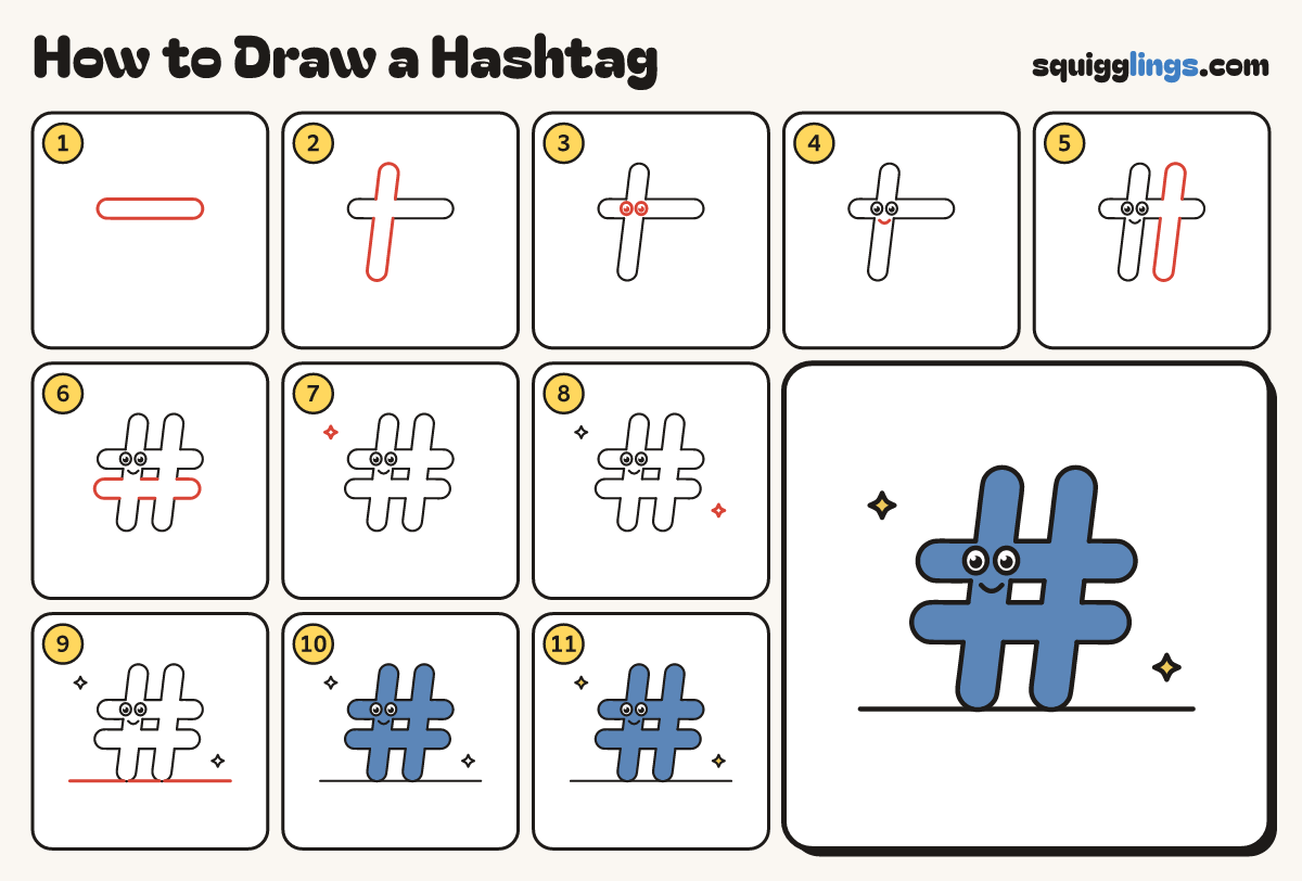 How to Draw a Hashtag step by step: all 11 steps in one picture