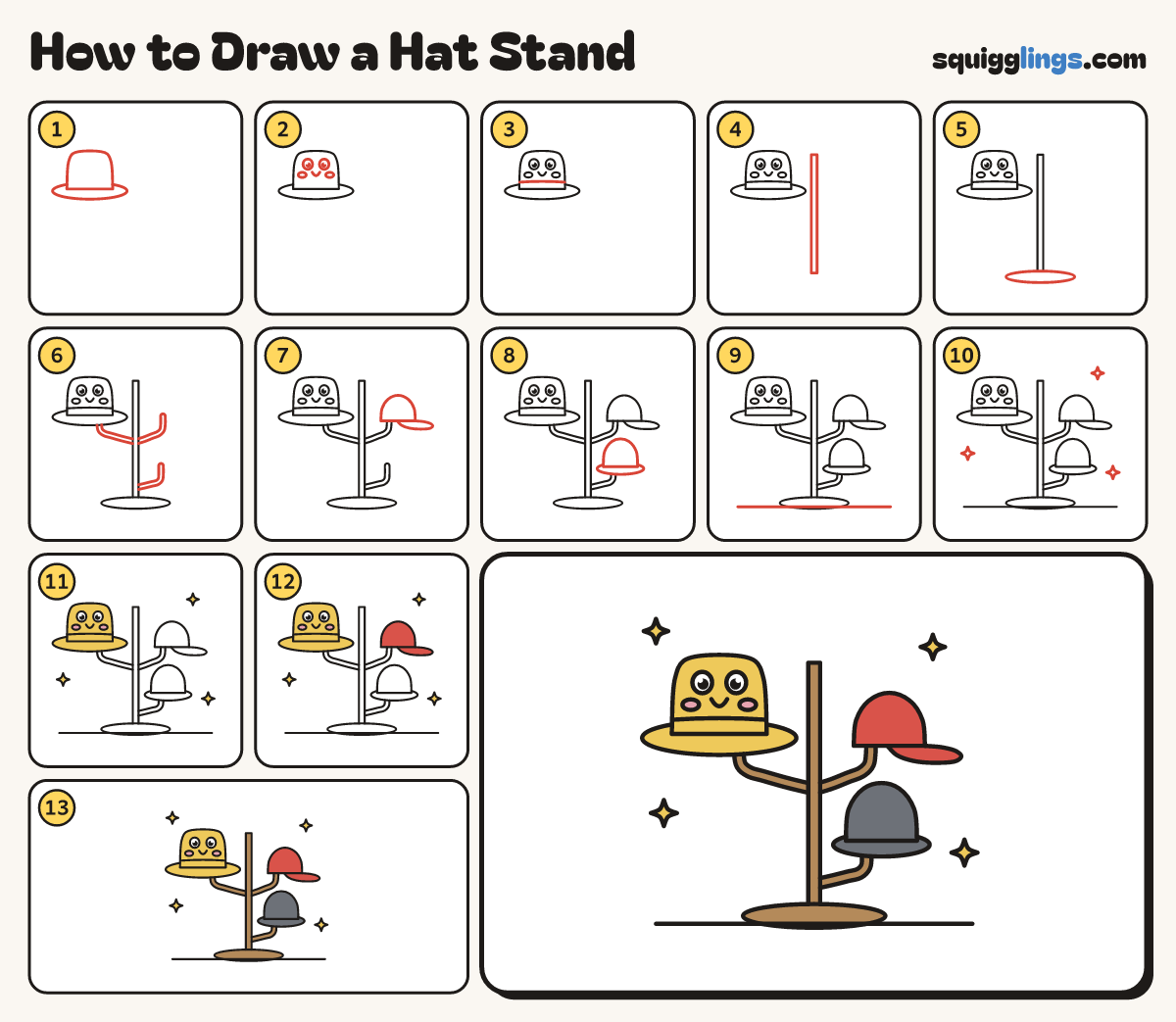 How to Draw a Hat Stand step by step: all 13 steps in one picture