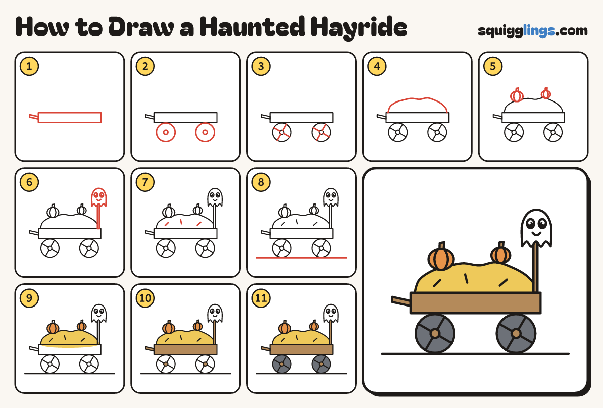 How to Draw a Haunted Hayride step by step: all 11 steps in one picture