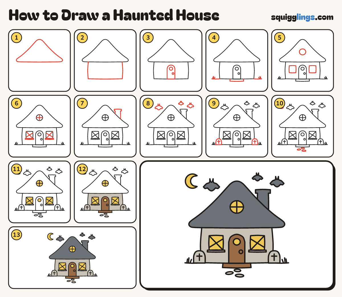 How to Draw a Haunted House step by step: all 13 steps in one picture