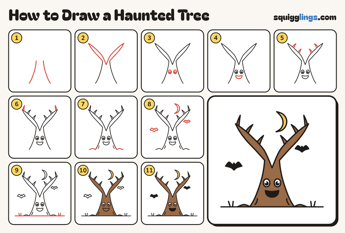How to Draw a Haunted Tree step by step: all 11 steps in one picture