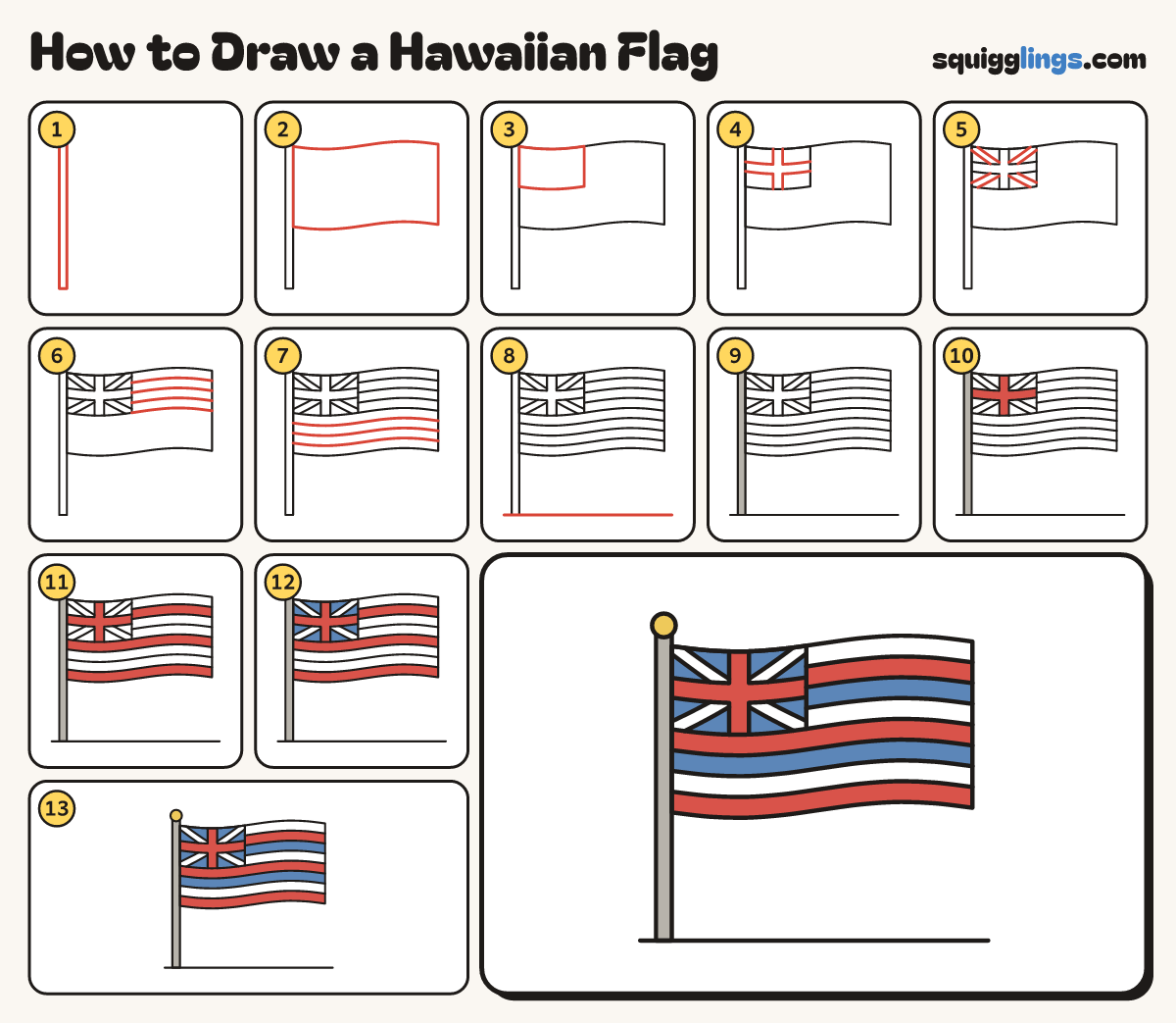 How to Draw a Hawaiian Flag step by step: all 13 steps in one picture