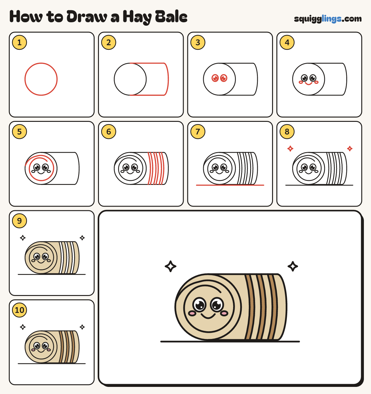 How to Draw a Hay Bale step by step: all 10 steps in one picture