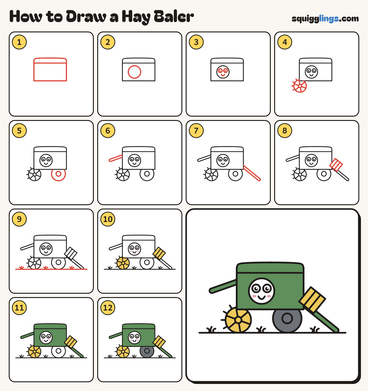 How to Draw a Hay Baler step by step: all 12 steps in one picture