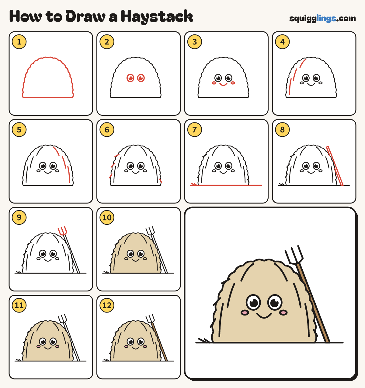 How to Draw a Haystack step by step: all 12 steps in one picture