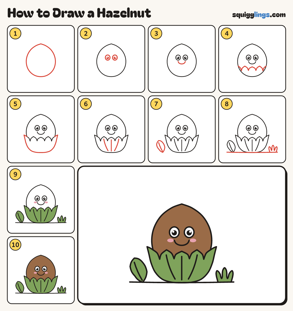 How to Draw a Hazelnut step by step: all 10 steps in one picture