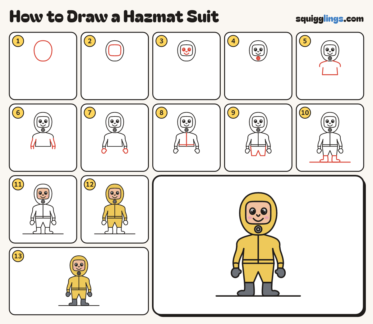 How to Draw a Hazmat Suit step by step: all 13 steps in one picture