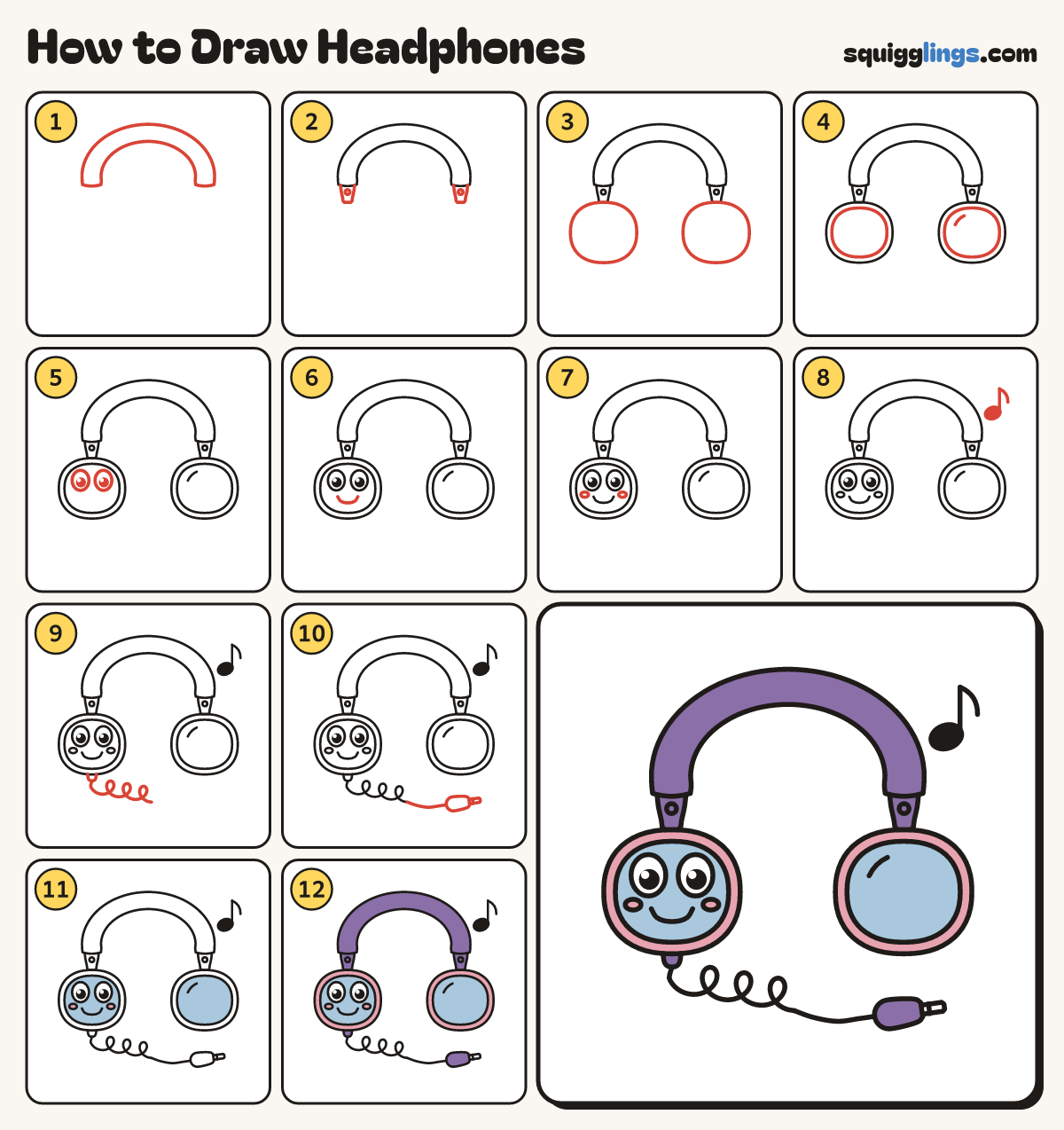 How to Draw Headphones step by step: all 12 steps in one picture