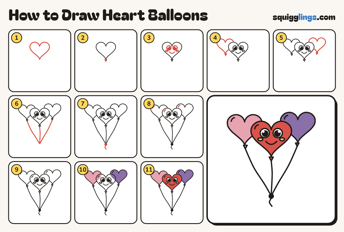 How to Draw Heart Balloons step by step: all 11 steps in one picture