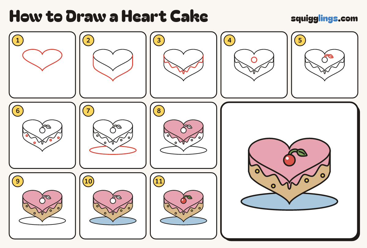 How to Draw a Heart Cake step by step: all 11 steps in one picture