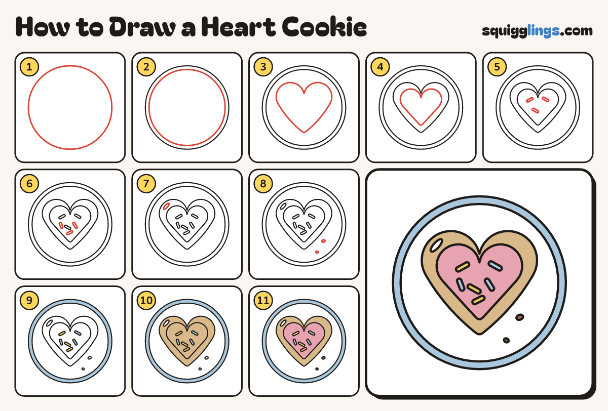 How to Draw a Heart Cookie step by step: all 11 steps in one picture
