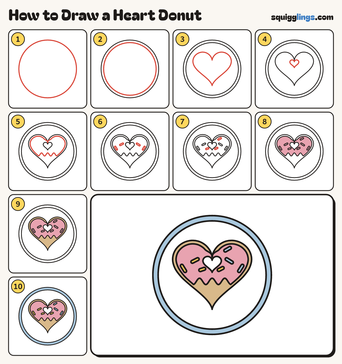 How to Draw a Heart Donut step by step: all 10 steps in one picture