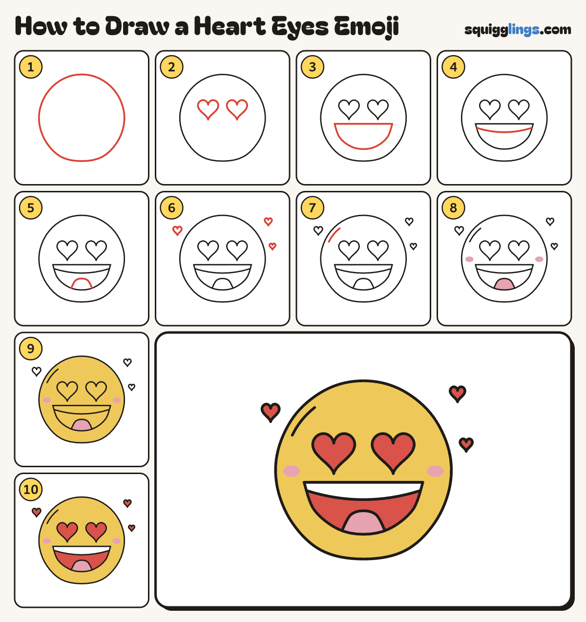 How to Draw a Heart Eyes Emoji step by step: all 10 steps in one picture