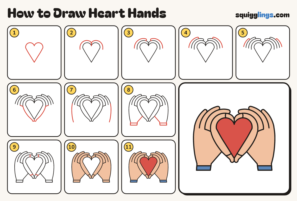How to Draw Heart Hands step by step: all 11 steps in one picture