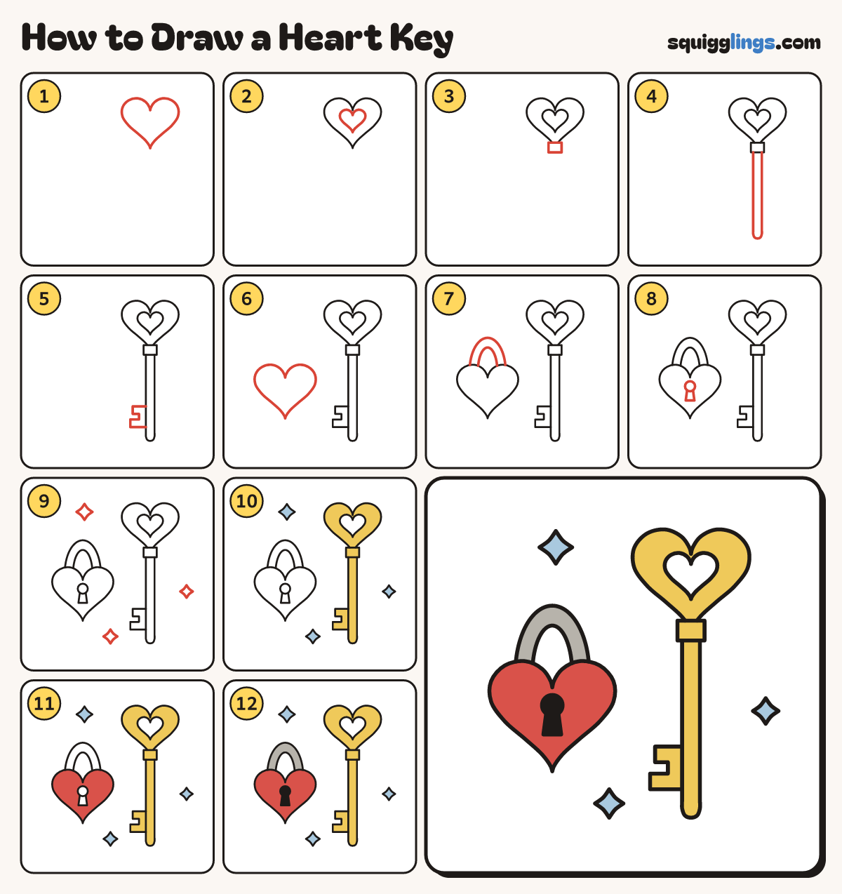 How to Draw a Heart Key step by step: all 12 steps in one picture