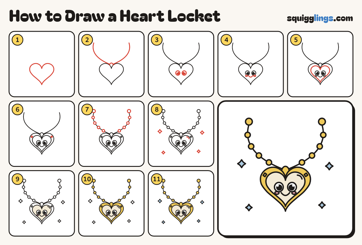 How to Draw a Heart Locket step by step: all 11 steps in one picture
