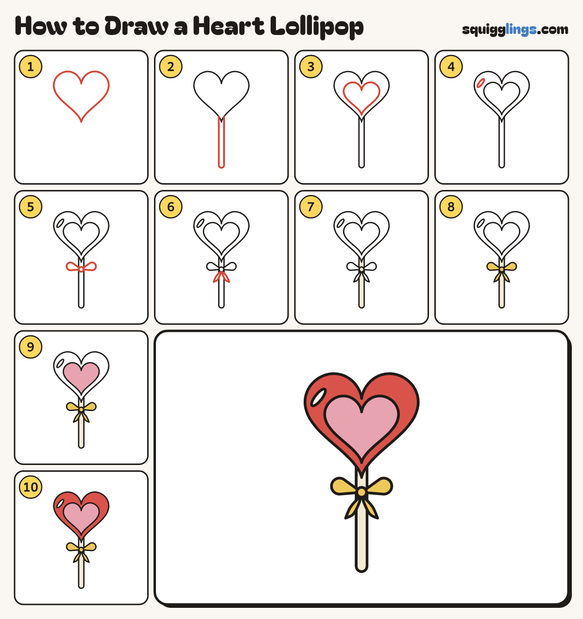 How to Draw a Heart Lollipop step by step: all 10 steps in one picture