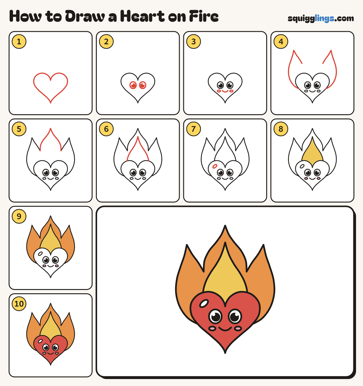 How to Draw a Heart on Fire step by step: all 10 steps in one picture