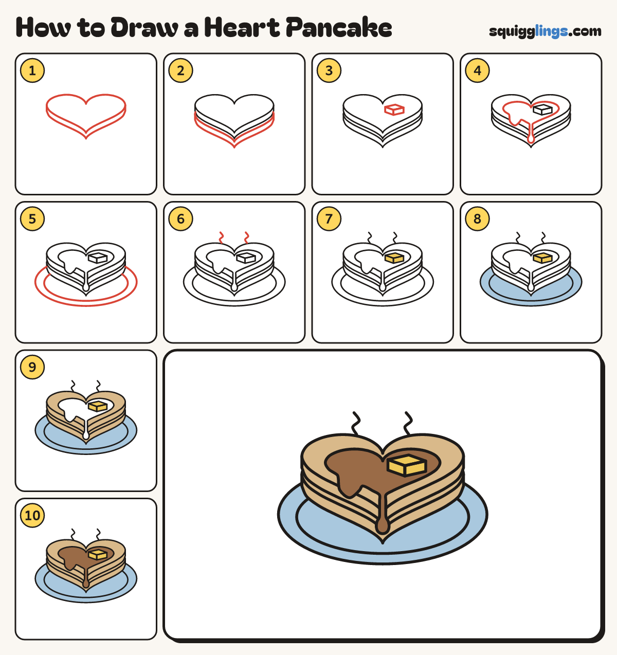How to Draw a Heart Pancake step by step: all 10 steps in one picture