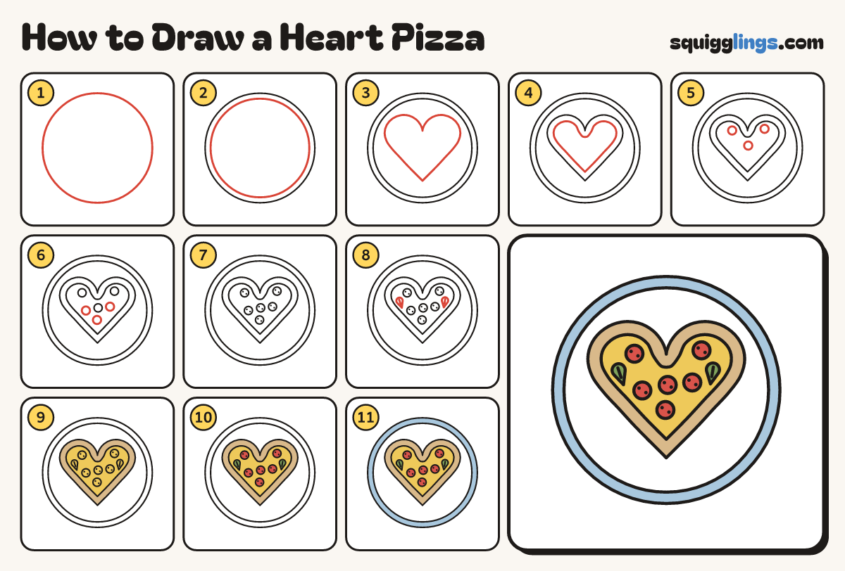 How to Draw a Heart Pizza step by step: all 11 steps in one picture