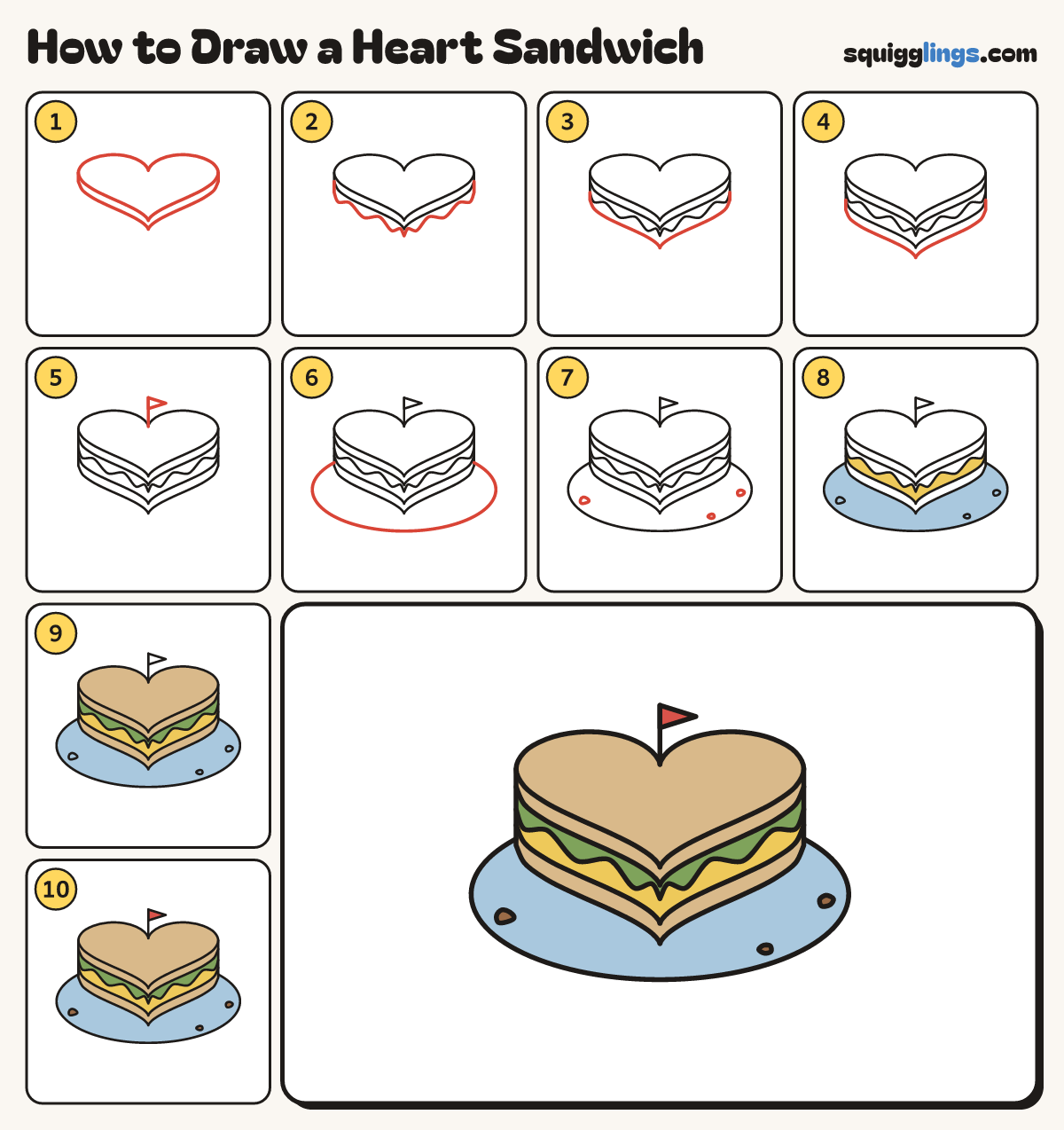 How to Draw a Heart Sandwich step by step: all 10 steps in one picture
