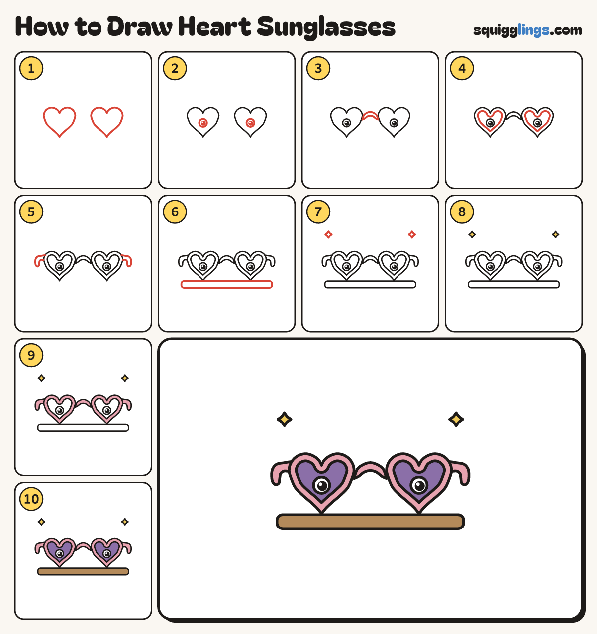 How to Draw Heart Sunglasses step by step: all 10 steps in one picture