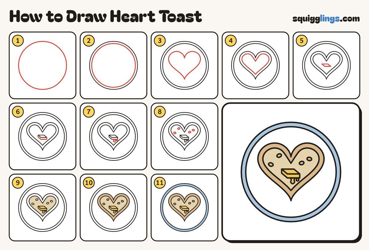 How to Draw Heart Toast step by step: all 11 steps in one picture