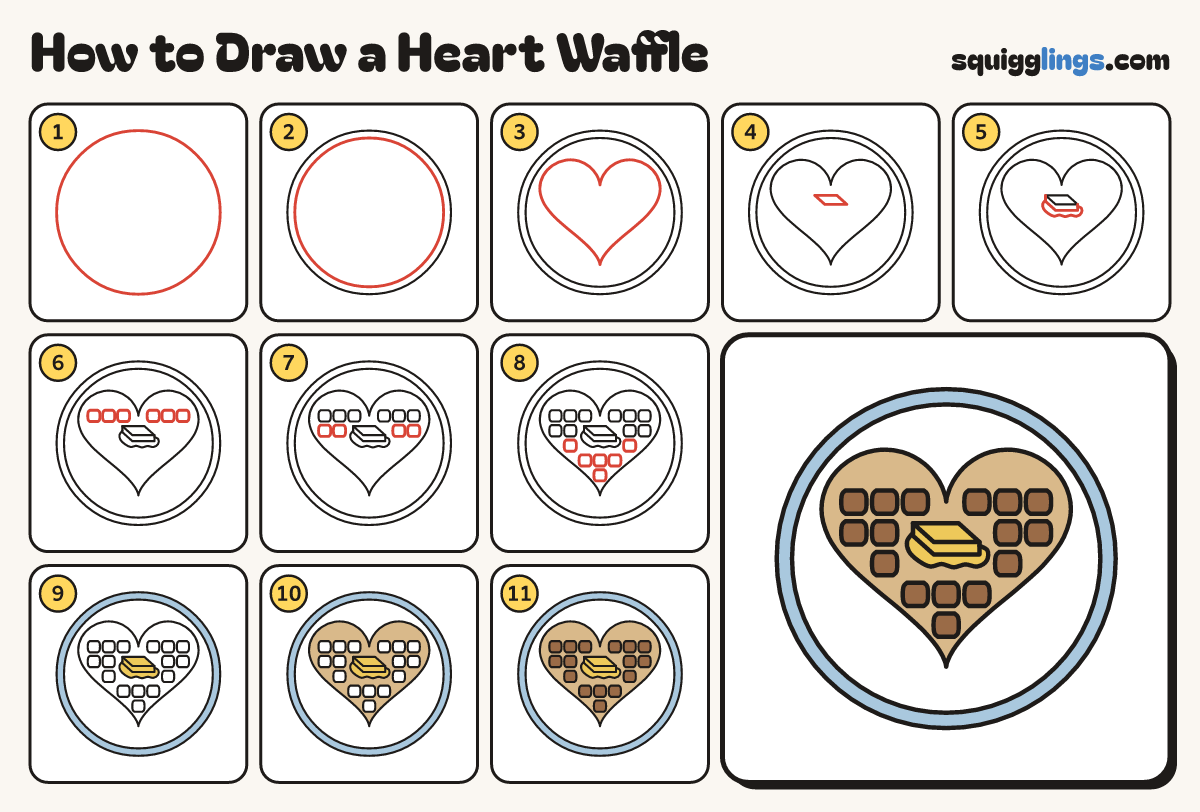 How to Draw a Heart Waffle step by step: all 11 steps in one picture