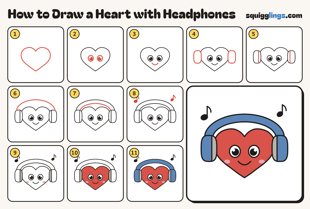 How to Draw a Heart with Headphones step by step: all 11 steps in one picture