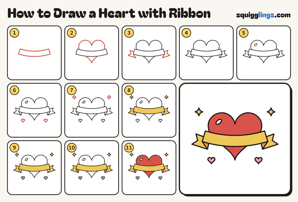 How to Draw a Heart with Ribbon step by step: all 11 steps in one picture