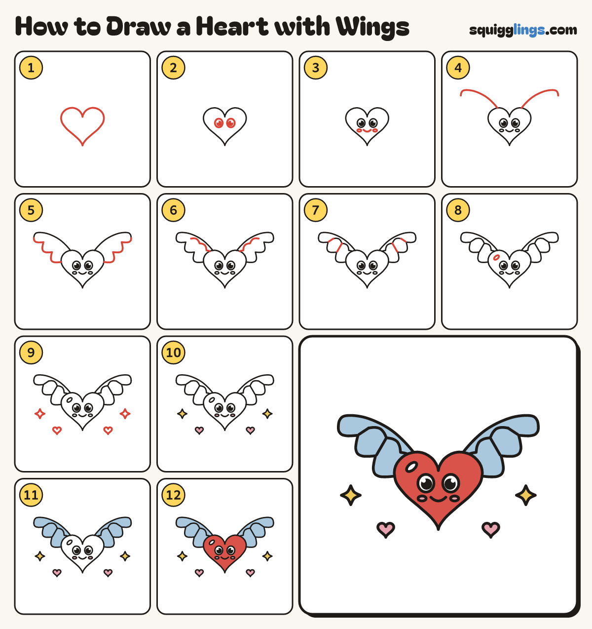 How to Draw a Heart with Wings step by step: all 12 steps in one picture
