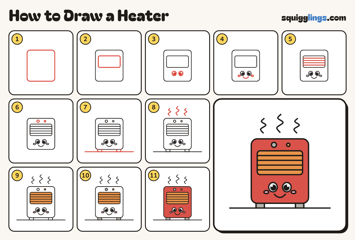 How to Draw a Heater step by step: all 11 steps in one picture