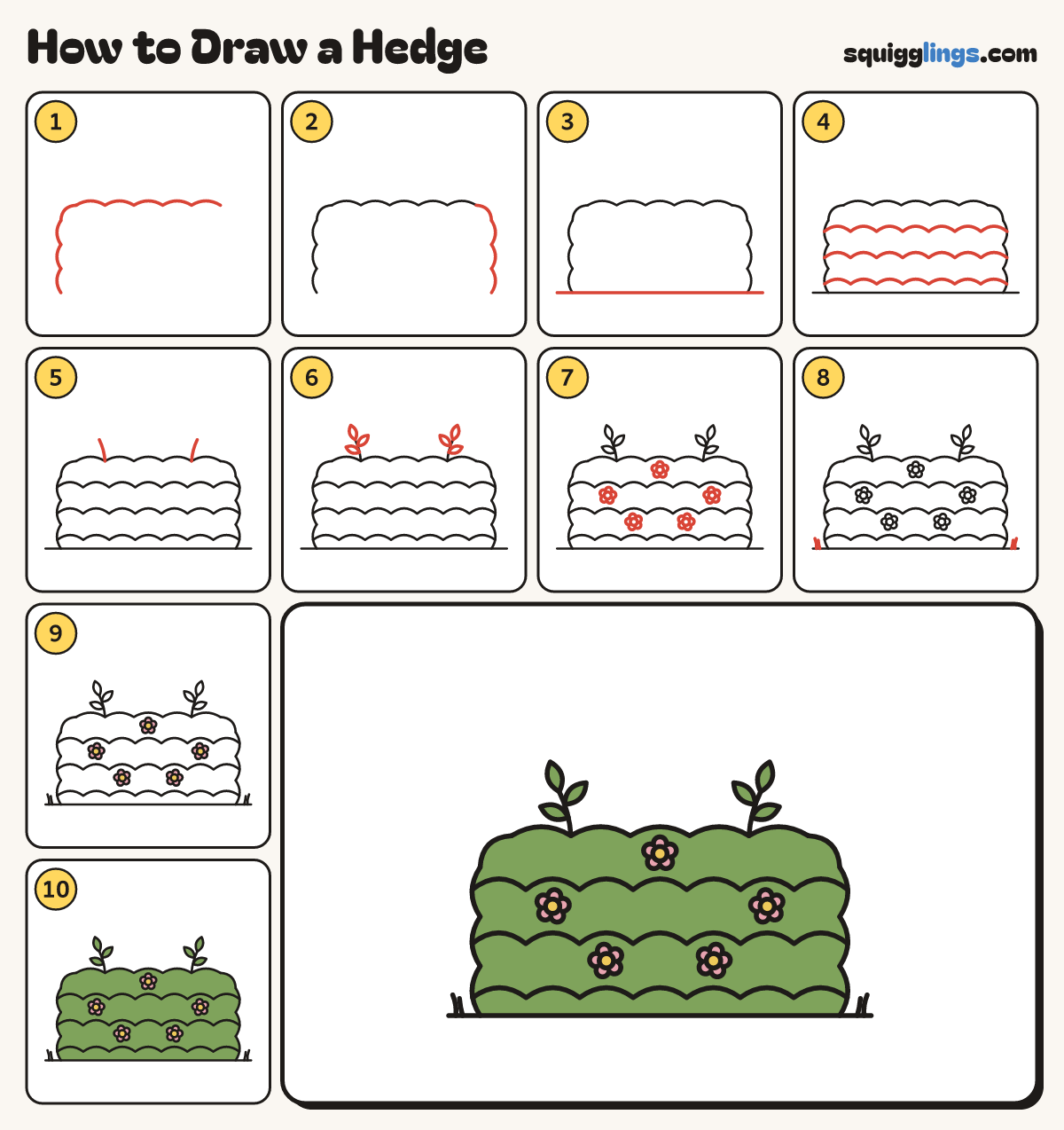 How to Draw a Hedge step by step: all 10 steps in one picture