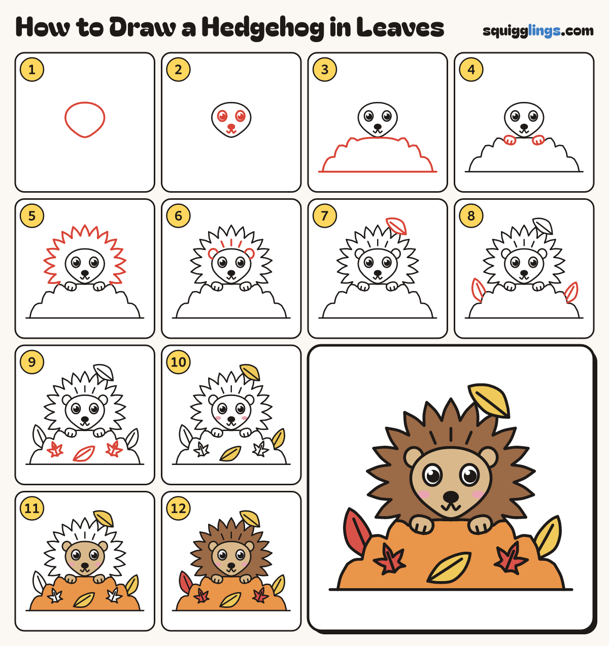 How to Draw a Hedgehog in Leaves step by step: all 12 steps in one picture