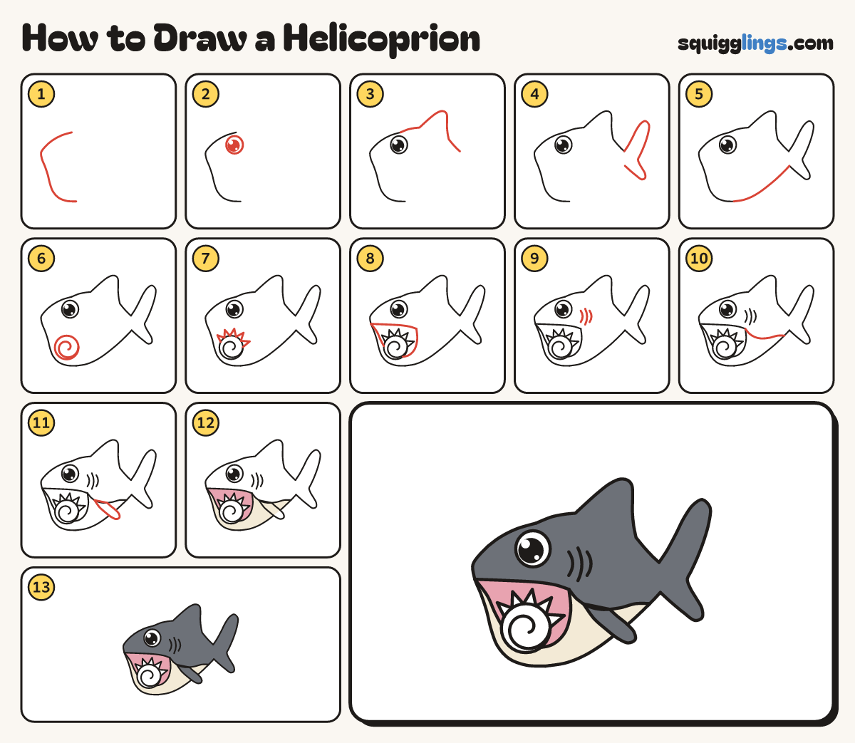 How to Draw a Helicoprion step by step: all 13 steps in one picture