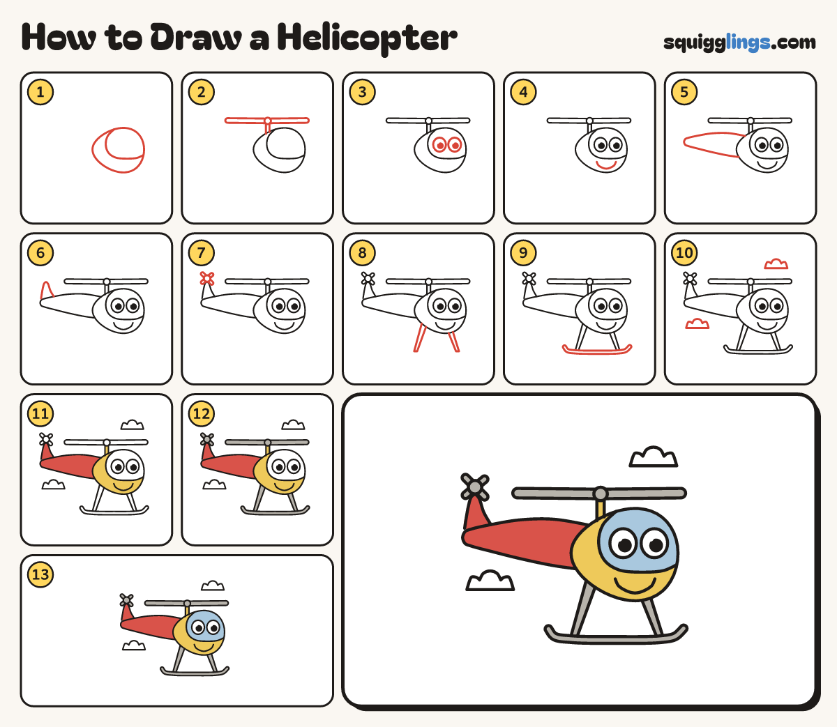How to Draw a Helicopter step by step: all 13 steps in one picture