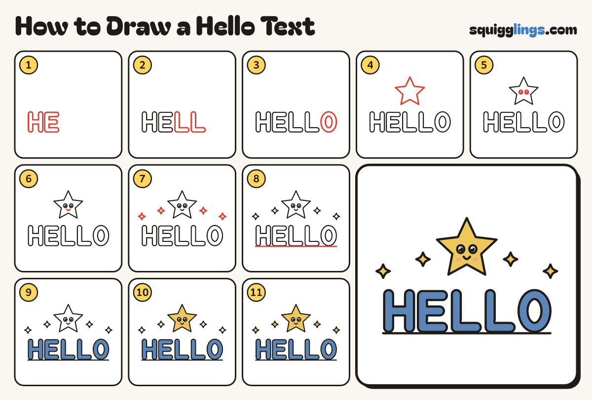 How to Draw a Hello Text step by step: all 11 steps in one picture
