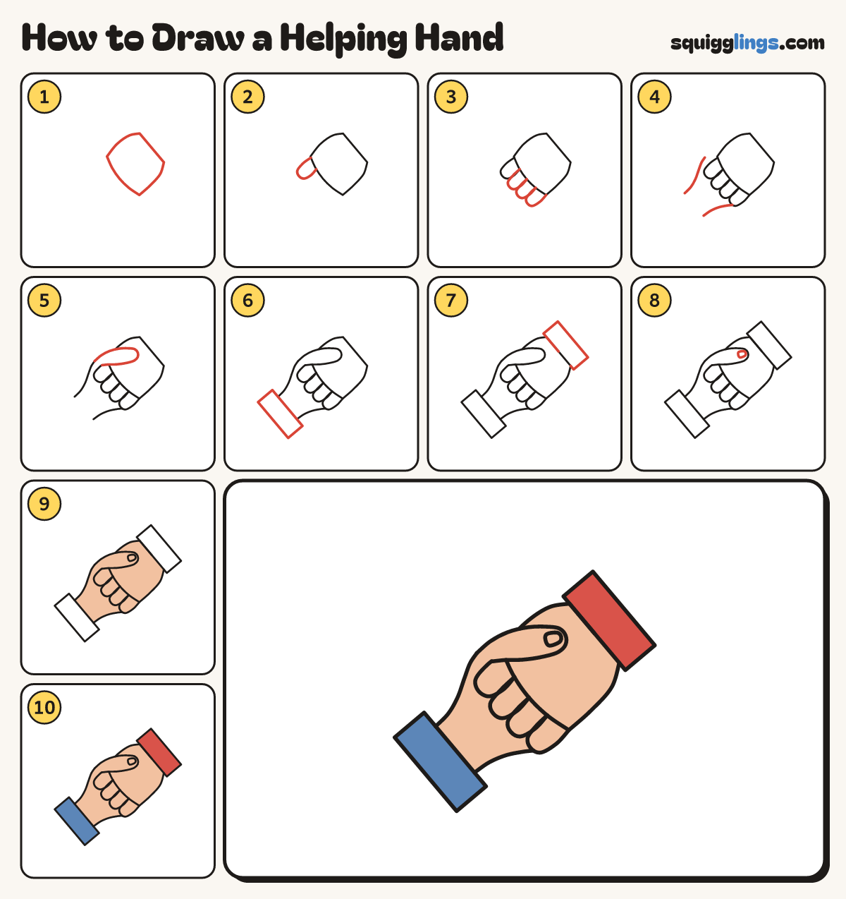 How to Draw a Helping Hand step by step: all 10 steps in one picture