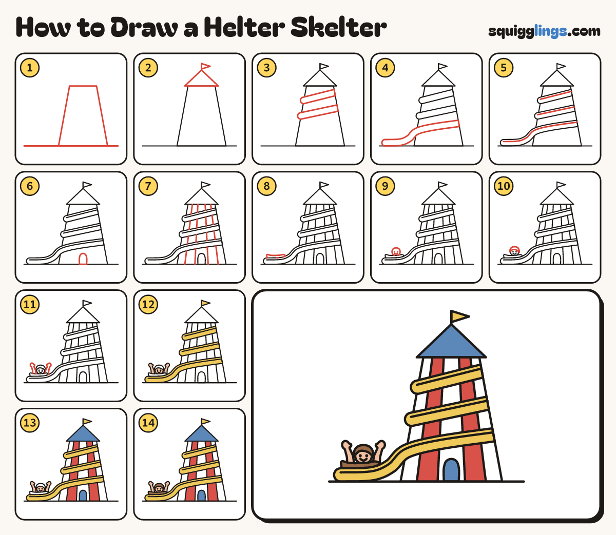 How to Draw a Helter Skelter step by step: all 14 steps in one picture