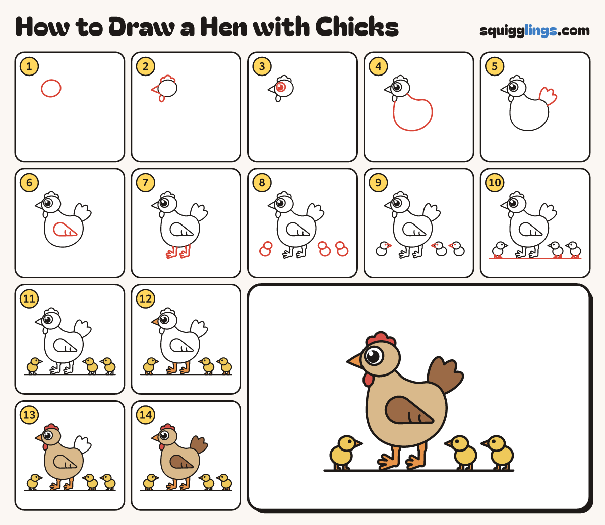 How to Draw a Hen with Chicks step by step: all 14 steps in one picture