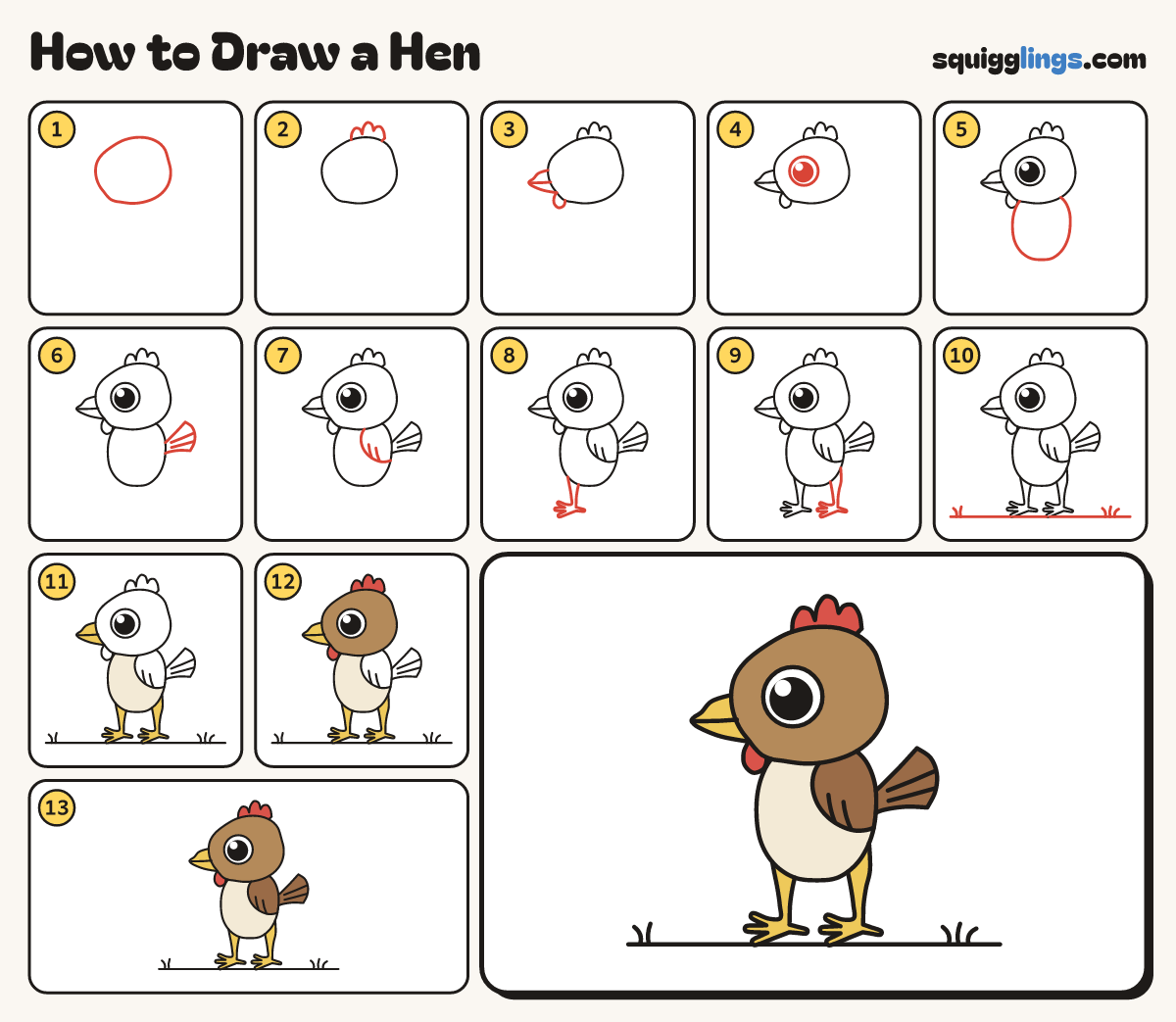 How to Draw a Hen step by step: all 13 steps in one picture