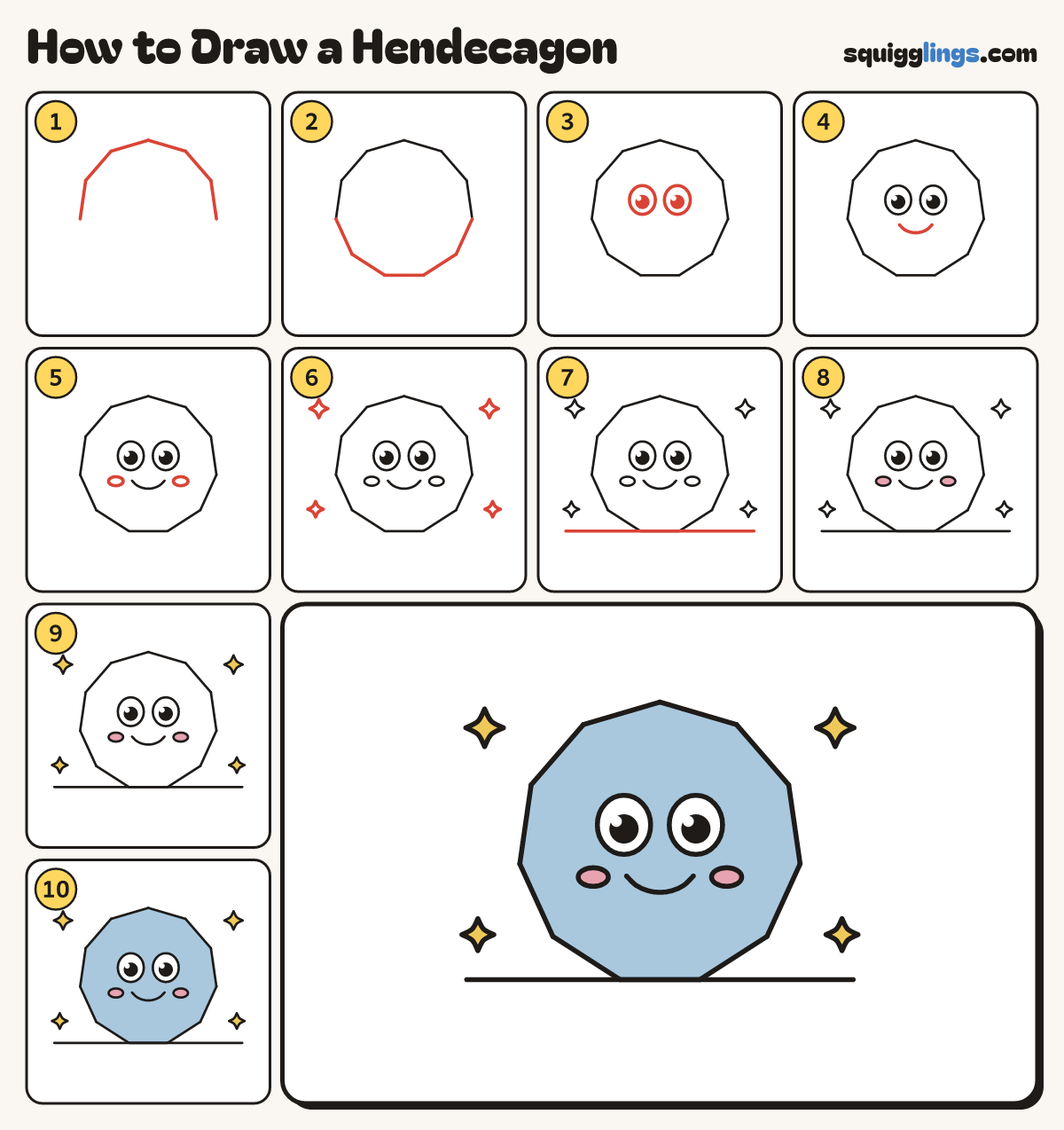 How to Draw a Hendecagon step by step: all 10 steps in one picture