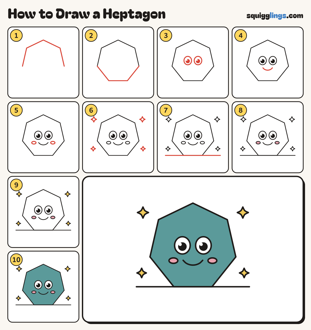 How to Draw a Heptagon step by step: all 10 steps in one picture